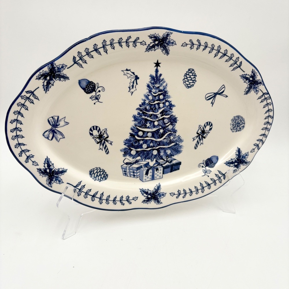 Potters Studio Blue White Christmas Tree Serving Platter Holiday Serving Dish